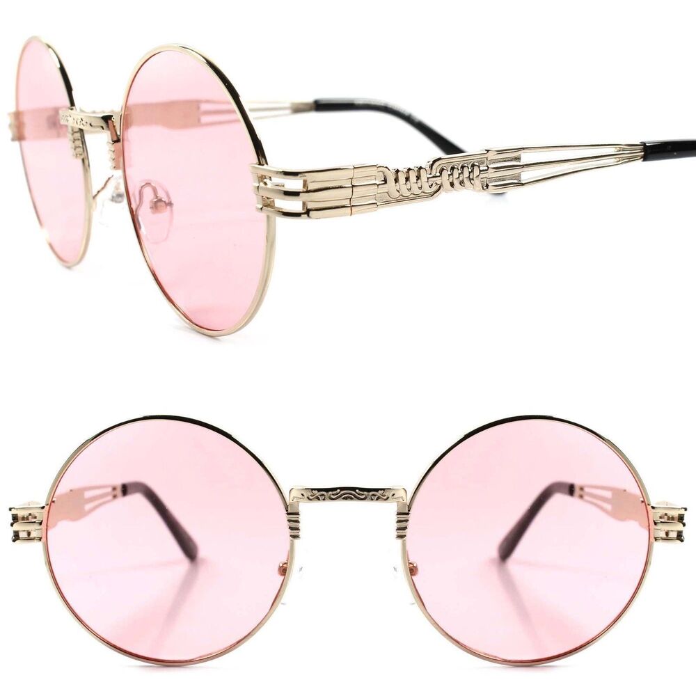 Vintage Retro 80s Style Hip Hop Mens Womens Round Gold Pink Lens Sunglasses